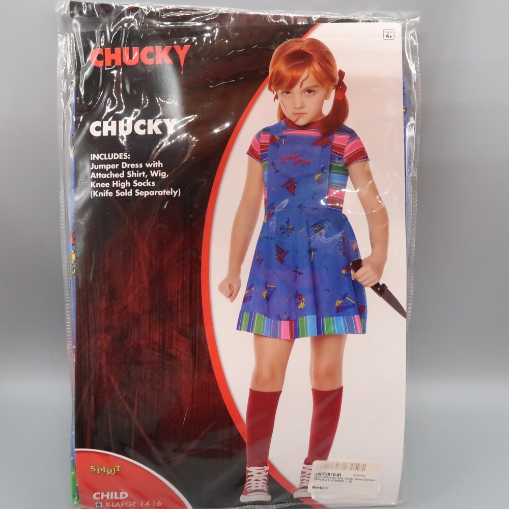 Girl Chucky Halloween Costume Spirit Child XLarge 14-16 Jumper Dress Wig Cosplay